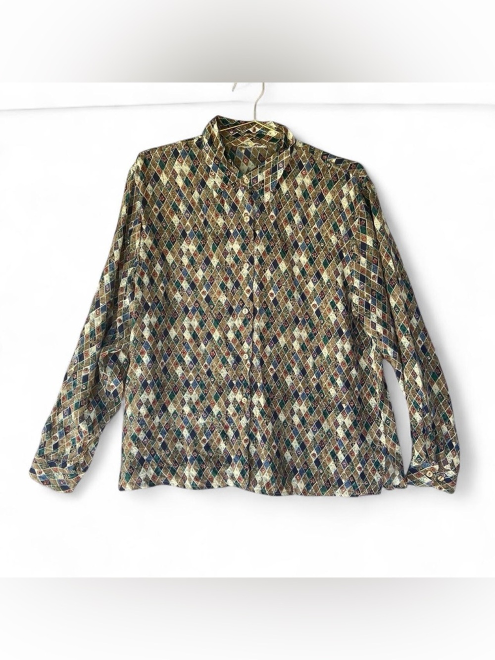 Vintage 90s Argyle Patchwork Button-Up Blouse – Earth Tone Geometric Print (M/L)
